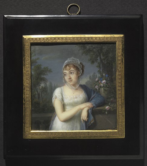 Portrait of a Woman Near a Balustrade, 1804. Jean-Baptiste Jacques Augustin (French, 1759-1832). Watercolor on ivory on a gilt metal mount in an ebonized frame; framed: 14.2 x 13.8 cm (5 9/16 x 5 7/16 in.); unframed: 8.8 x 8.5 cm (3 7/16 x 3 3/8 in.)