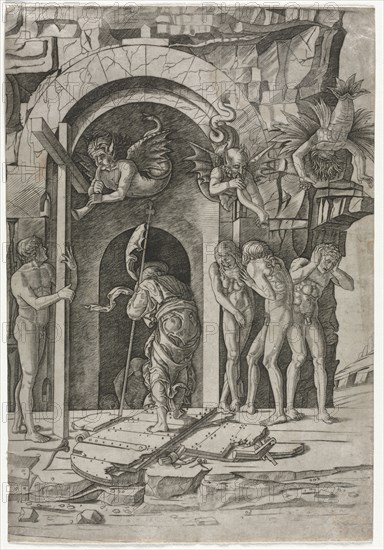 Descent into Limbo, c. 1490-1500. Giovanni Antonio da Brescia (Italian), after Andrea Mantegna (Italian, 1431-1506). Engraving; sheet: 41.2 x 28.2 cm (16 1/4 x 11 1/8 in.); mat size: 56 x 40.7 cm (22 1/16 x 16 in.)