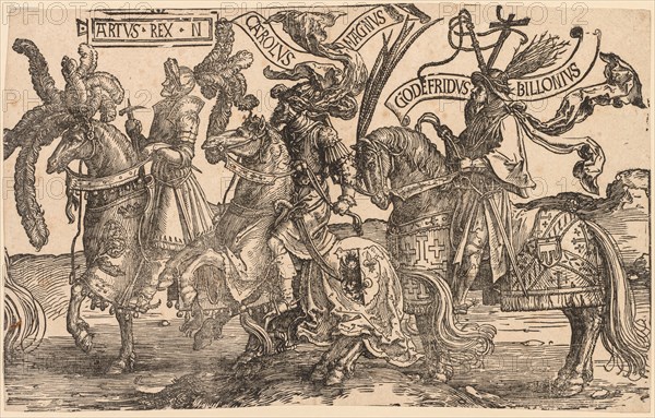 The Nine Heroes: Arthur, Charles the Great (Charlemagne), Godfrey of Bouillon, 1515-1517. Lucas van Leyden (Dutch, 1494-1533). Woodcut
