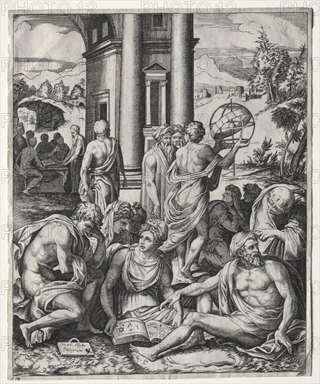 An Assembly of Scholars, c. 1515/1527. Marco Dente (Italian, c. 1486-1527), after Francesco Salviati (Italian, 1510-1563). Engraving; sheet: 24 x 19.8 cm (9 7/16 x 7 13/16 in.)