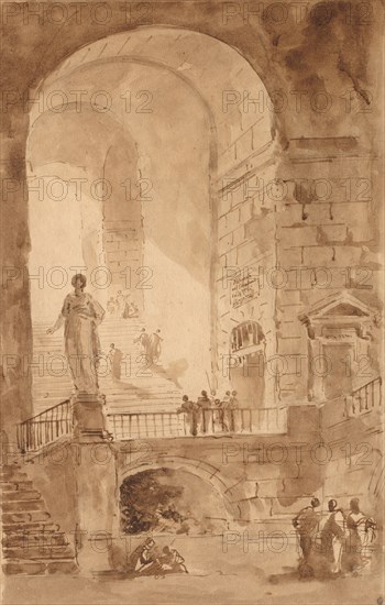 Vaulted Staircase, c. 1770-1779. Hubert Robert (French, 1733-1808). Pen and brown ink and brush and brown wash over graphite; framing lines in brown ink; sheet: 44.1 x 28.2 cm (17 3/8 x 11 1/8 in.); secondary support: 52.9 x 38.7 cm (20 13/16 x 15 1/4 in.).