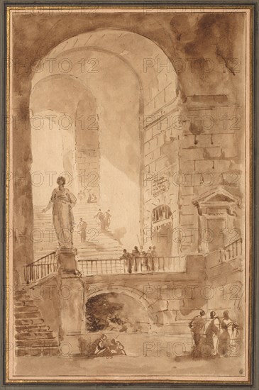 Vaulted Staircase, c. 1770-1779. Hubert Robert (French, 1733-1808). Pen and brown ink and brush and brown wash over graphite; framing lines in brown ink; sheet: 44.1 x 28.2 cm (17 3/8 x 11 1/8 in.); secondary support: 52.9 x 38.7 cm (20 13/16 x 15 1/4 in.).