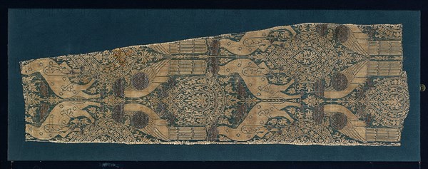 Parrots and Animals, 1300s. Italy, 14th century. Silk, gold thread; a combination of two weaves (lampas); overall: 81.3 x 25.4 cm (32 x 10 in.)