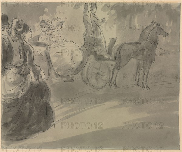 A Stop in the Park, 1800s. Constantin Guys (French, 1805-1892). Pen and black ink and brush and gray wash over graphite; sheet: 21.1 x 25.6 cm (8 5/16 x 10 1/16 in.); secondary support: 29 x 35.2 cm (11 7/16 x 13 7/8 in.).