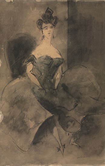 In Expectation, 1800s. Constantin Guys (French, 1805-1892). Pen and black ink and brush and black ink and black, gray and green wash; sheet: 30.4 x 20.5 cm (11 15/16 x 8 1/16 in.); secondary support: 30.4 x 20.5 cm (11 15/16 x 8 1/16 in.); tertiary support: 30.4 x 20.5 cm (11 15/16 x 8 1/16 in.).