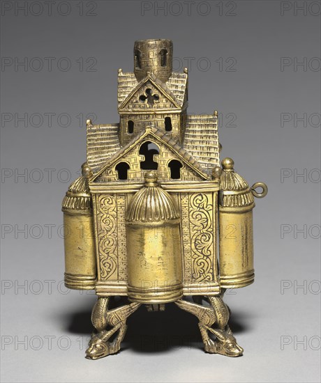 Incense Burner and Stand for an Altar Cross, 1150-1175. Germany, Lower Saxony, Hildesheim?, Romanesque period, 12th century. Bronze: cast, gilded, engraved, and chased; overall: 18.1 x 12.7 cm (7 1/8 x 5 in.).
