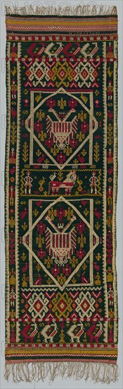 Woven Bed or Chest Cover, 1700s. Italy, Terra di Lavoro, 18th century. Embroidery; wool on linen; overall: 317.2 x 99.1 cm (124 7/8 x 39 in.)