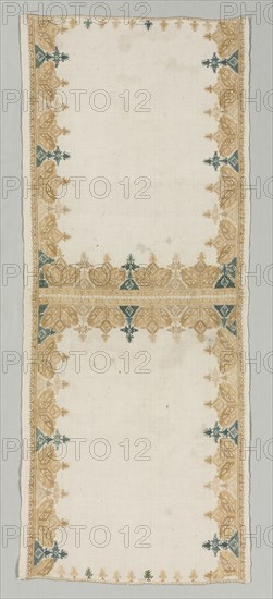Pillow Cover, 1700s. Greece, Cyclades Islands, Amorgos, 18th century. Embroidery; silk and gold filé on linen; overall: 38.8 x 52.1 cm (15 1/4 x 20 1/2 in.)