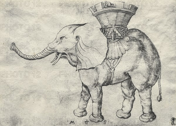 An Elephant with Howdah, c. 1485. Martin Schongauer (German, c.1450-1491). Engraving; sheet: 10.8 x 14.6 cm (4 1/4 x 5 3/4 in.)