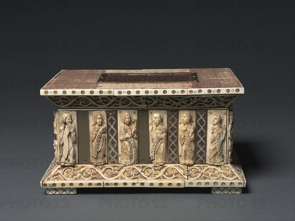 Portable Altar, c. 1200-1220. Germany, Cologne, Gothic Period, 13th century. Walrus ivory, gilded copper, porphyry, champlevé enamel, wood core; overall: 13.1 x 26.9 x 16.9 cm (5 3/16 x 10 9/16 x 6 5/8 in.)