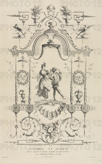 Columbine and Harlequin. Jean Moyreau (French, 1690-1762), after Jean Antoine Watteau (French, 1684-1721). Etching; platemark: 51.6 x 32 cm (20 5/16 x 12 5/8 in.)