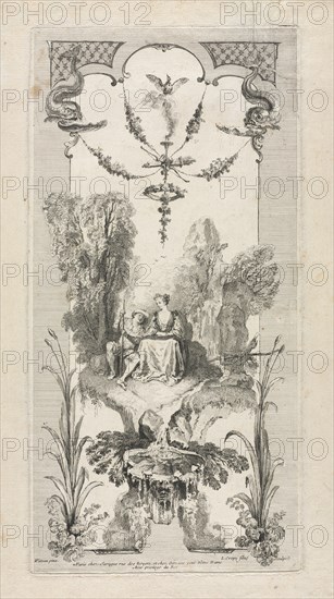 Pastoral, Arabesque. Louis Crépy (French), after Jean Antoine Watteau (French, 1684-1721). Engraving