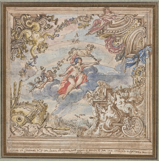 Design for a Ceiling: Mars and Aries, 1700s. Italy, 18th century. Pen and brown ink and brush and brown wash and watercolor, with gouache, over traces of graphite; framing lines in brown ink; sheet: 24.9 x 24.7 cm (9 13/16 x 9 3/4 in.); secondary support: 45.1 x 33.9 cm (17 3/4 x 13 3/8 in.).
