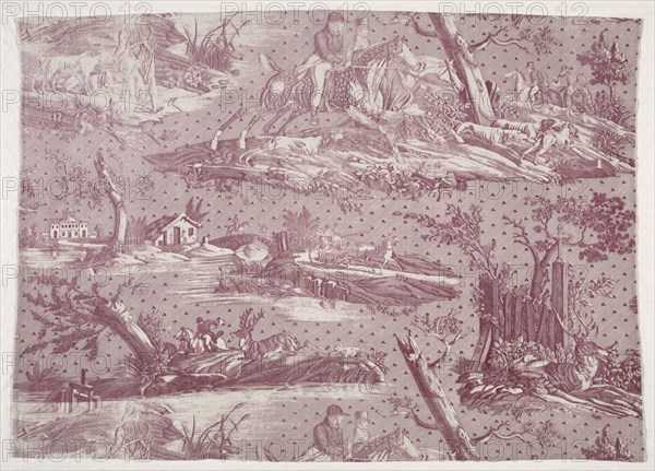 Fragment of Copperplate Printed Cotton with Hunting Scene Design, c. 1815. Horace Vernet (French, 1789-1863). Copperplate printed cotton; overall: 58.4 x 80.1 cm (23 x 31 9/16 in.)