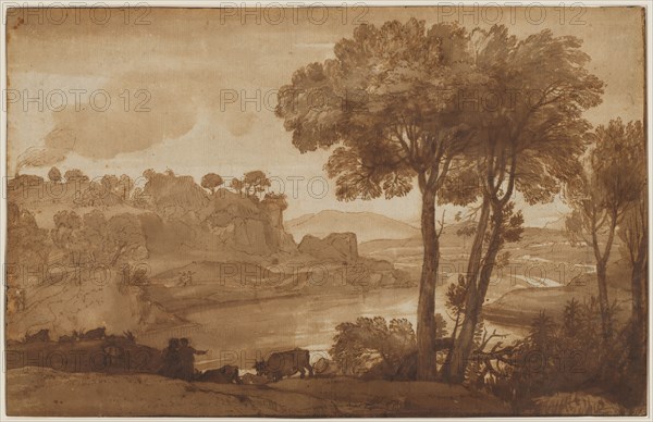 View of the Acqua Acetosa (recto), c. 1645. Claude Lorrain (French, 1604-1682). Pen and brown ink and brush and brown wash over graphite, framing lines in brown ink; sheet: 26 x 40.5 cm (10 1/4 x 15 15/16 in.).