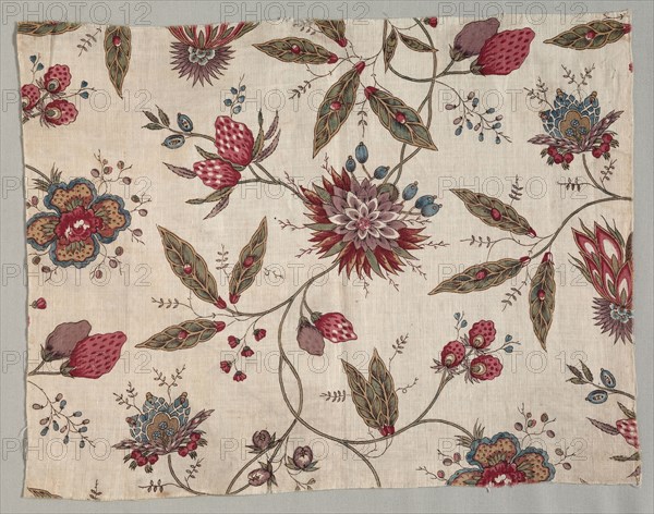 Fragment of Block Printed Cotton, c. 1785. France, late 18th century. Woodblock print on cotton; overall: 40.6 x 31.8 cm (16 x 12 1/2 in.).