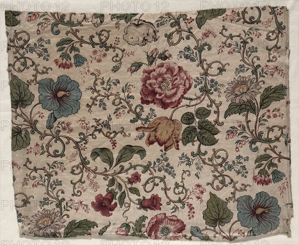 Woodblock Printed Chintz Fragment, 1833. Bannister Hall (British). Woodblock print on cotton; overall: 36.8 x 45.7 cm (14 1/2 x 18 in.)