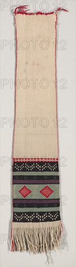 "Hopi Brocade" Style Dance Sash, c. 1880-1900. America, Native North American, Southwest, Pueblo (Hopi), Post-Contact, Transitional Period. Plain weave with supplementary weft wrap; wool (homespun and Germantown); overall: 119 x 25 cm (46 7/8 x 9 13/16 in.)