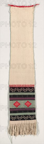 "Hopi Brocade" Style Dance Sash, c. 1880-1900. America, Native North American, Southwest, Pueblo (Hopi), Post-Contact, Transitional Period. Plain weave with supplementary weft wrap; wool (homespun and Germantown); overall: 116 x 25 cm (45 11/16 x 9 13/16 in.).