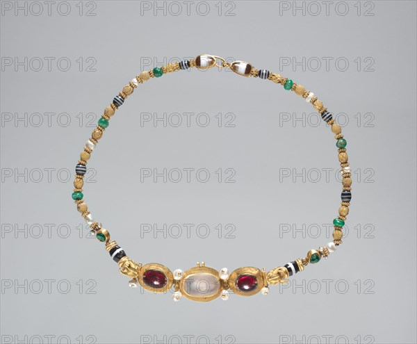 Necklace, 100s BC. Greece, 2nd Century BC. Gold, moonstone, garnet, emerald, cornelian, baroque pearl, and banded agate; overall: 39.4 cm (15 1/2 in.).