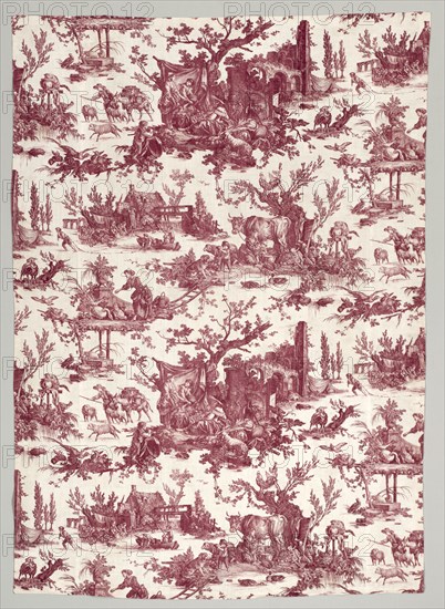 Strip of Copperplate Printed Cotton with "Les plaisirs de la ferme" Design, 1785-1790. Firm of Christophe Philippe Oberkampf (French, 1738-1815), Jean-Baptiste Marie Hüet (French, 1745-1811). Copperplate printed cotton; overall: 196.9 x 139.7 cm (77 1/2 x 55 in.)