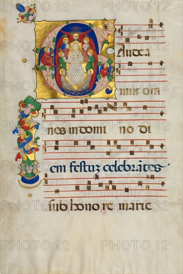 Leaf from a Gradual with Historiated Initial (G): Mary as Queen of Heaven, c. 1425-1450. Italy, Lombardy, Milan?, 15th century. Ink, tempera, and gold on parchment; sheet: 42 x 30 cm (16 9/16 x 11 13/16 in.).