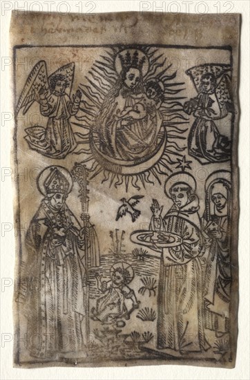 Madonna and Child with Three Members of the St. Augustine Order:  Saints Augustine, Nicholas and Clara, 1400s. Germany, 15th century. Woodcut