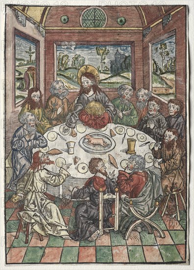 Der Schatzbehalter:  The Last Supper, 1491. Michael Wolgemut (German, 1434-1519). Color woodcut