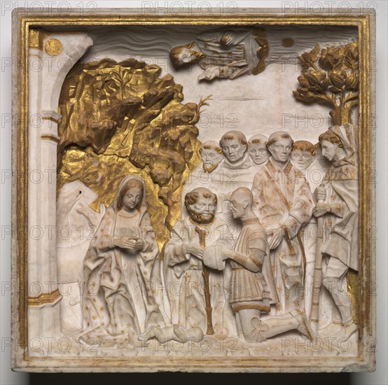 Pier Francesco Visconti, Court of Saliceto, Adoring the Christ Child, shortly after 1484. Workshop of Benedetto Briosco (Italian, c. 1460-aft 1514), and Tomaso Cazzaniga (Italian). Marble with gilding; overall: 61 x 61 x 13.1 cm (24 x 24 x 5 3/16 in.).