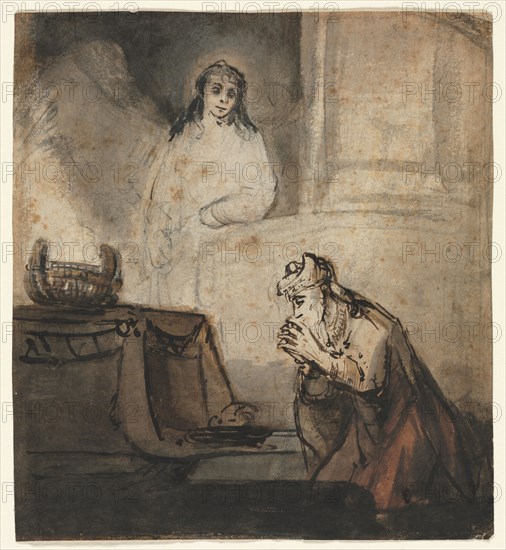 Angel Appearing to Zacharias, third quarter 1600s. Samuel van Hoogstraten (Dutch, 1627-1678). Reed pen and brown and black ink and brush and brown, gray and red wash, over black chalk; sheet: 17.1 x 15.5 cm (6 3/4 x 6 1/8 in.).