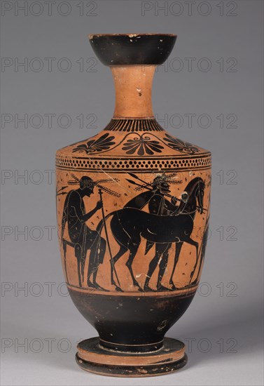 Black Figured Lekythos, 525-500 BC. Greece, late 6th Century BC. Black-figure terracotta; overall: 31.7 cm (12 1/2 in.).