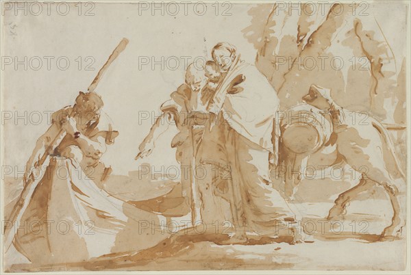 Flight into Egypt: The Embarkment of the Holy Family, c. 1735. Giovanni Battista Tiepolo (Italian, 1696-1770). Pen and brown ink and brush and brown wash over black chalk; framing lines in black chalk; sheet: 30 x 44.7 cm (11 13/16 x 17 5/8 in.).