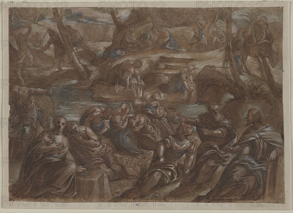 Copy of Tintoretto's Children of Israel Gathering Manna, after 1594. Copy after Jacopo Tintoretto (Italian, 1518-1594). Pen and brown ink and brush and brown wash, with brush and red (chalk?) wash and blue gouache, heightened with white gouache; sheet: 31.6 x 44.2 cm (12 7/16 x 17 3/8 in.); secondary support: 33.5 x 47.1 cm (13 3/16 x 18 9/16 in.).