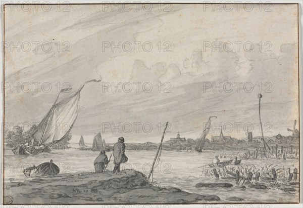 View of Alkmaar with Boats, 1600s. Netherlands, 17th century. Point of brush and gray ink and brush and gray wash with traces of pen and black ink over traces of graphite; framing lines in brown ink; sheet: 13.8 x 20.4 cm (5 7/16 x 8 1/16 in.).