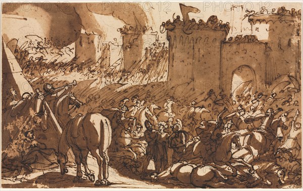 Battle Scene with a Fort, first third 17th century?. Antonio Tempesta (Italian, 1555-1630). Pen and brown ink and brush and brown wash, over black chalk; sheet: 13.3 x 21.4 cm (5 1/4 x 8 7/16 in.).