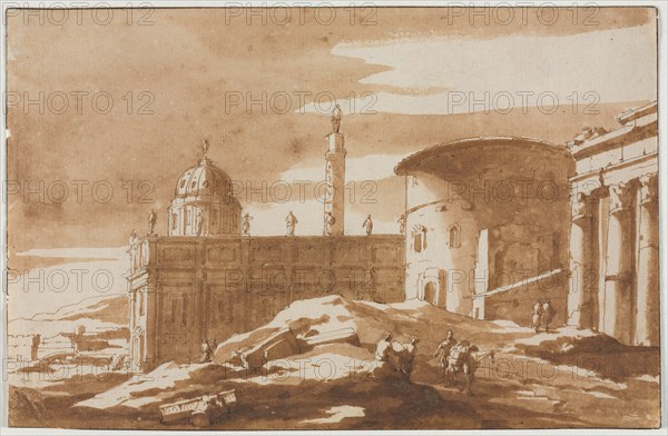 View of Ancient Buildings, second half 17th century. Jacob van der Ulft (Dutch, 1627-1689). Pen and brown ink and brush and brown wash over traces of graphite; framing lines in brown ink (iron gall); sheet: 15 x 23.2 cm (5 7/8 x 9 1/8 in.).