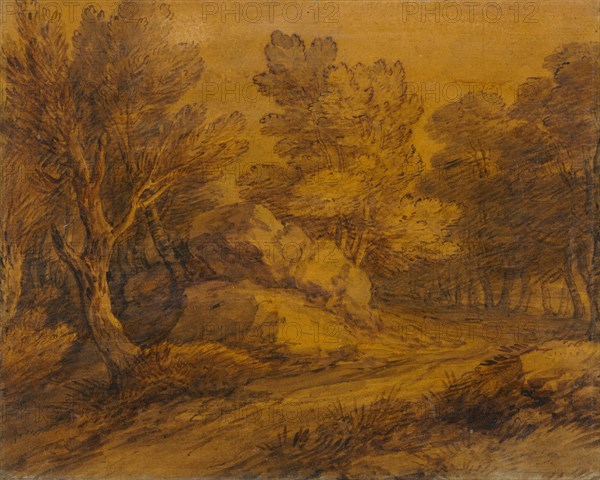 Scene with a Road Winding through a Wood, c. 1770. Thomas Gainsborough (British, 1727-1788). Pen and brown ink and brown and grey washes over graphite, varnished;