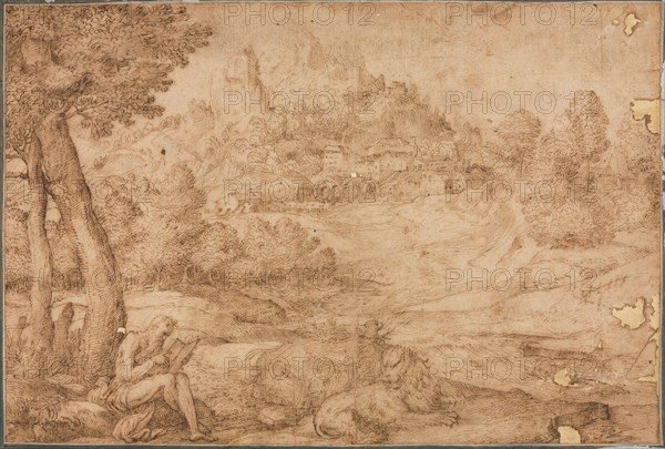 Saint Jerome in a Landscape, c. 1530. Domenico Campagnola (Italian, 1500-1564). Pen and brown ink; sheet: 24.5 x 36.5 cm (9 5/8 x 14 3/8 in.); secondary support: 31.3 x 43.3 cm (12 5/16 x 17 1/16 in.).