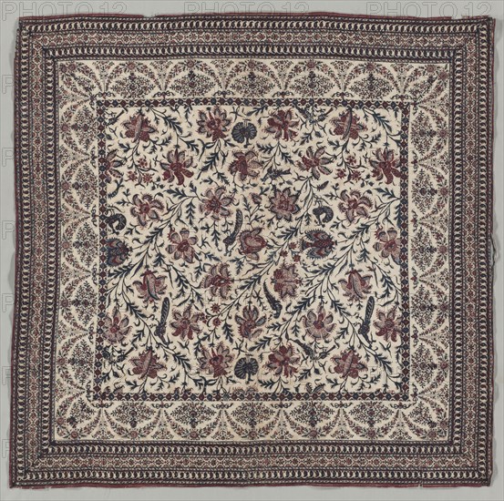 Textile, 1800s. India or Iran (Persia), 19th century. Plain weave cotton, printed and painted; overall: 112.4 x 114.9 cm (44 1/4 x 45 1/4 in.)