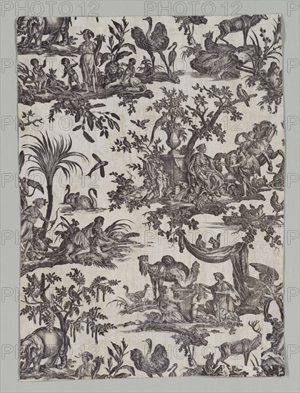 Fragment of Copperplate Printed Cotton with "Les quatres parties du monde" Design, 1788. Firm of Christophe Philippe Oberkampf (French, 1738-1815), Jean-Baptiste Marie Hüet (French, 1745-1811). Copperplate printed cotton; overall: 109.2 x 82.6 cm (43 x 32 1/2 in.).
