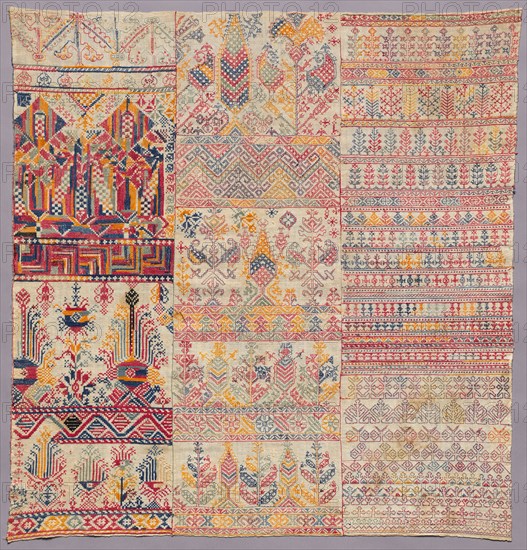 Embroidery sampler, 1800s. Morocco, Salé. Plain weave: cotton; embroidery, reversible cross-stitch: silk; average: 81.9 x 79.4 cm (32 1/4 x 31 1/4 in.).