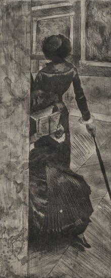 Mary Cassatt at the Louvre:  The Paintings Gallery, 1879-1880. Edgar Degas (French, 1834-1917). Etching, softground etching, and aquatint; sheet: 36.5 x 22.3 cm (14 3/8 x 8 3/4 in.); platemark: 30.2 x 12.6 cm (11 7/8 x 4 15/16 in.)