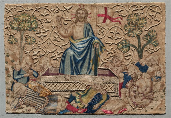 The Resurrection, from an Embroidered Altar Frontal: , 1375-1400. Italy, Florence, 14th century. Silk, gold and cotton thread, linen; raised work, embroidery: split, stem, and couching stitches; overall: 28.9 x 41.9 cm (11 3/8 x 16 1/2 in.).