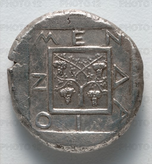 Tetradrachm: Square, Vine, Inscription (reverse), 430 BC. Greece, Eritrea, 5th century BC. Silver; diameter: 2.5 cm (1 in.).