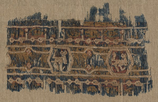 Fragment of a Tiraz-Style Textile, 1081 - 1094. Egypt, Fatimid period, Caliphate of al-Mustansir, c. AH 475-487, 11th Century. Tabby ground with inwoven tapestry ornament; linen and silk; overall: 17.8 x 28.6 cm (7 x 11 1/4 in.)
