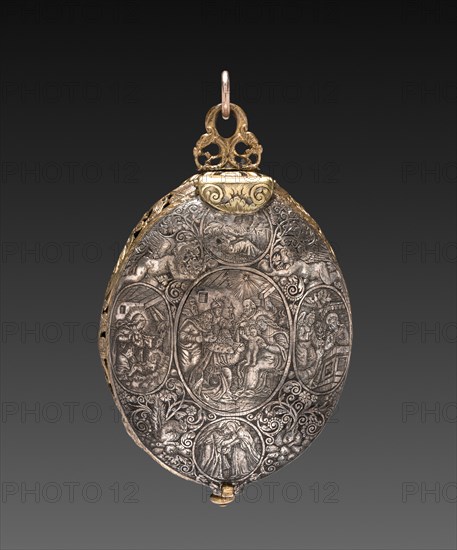 Engraved Egg Watch, 1590-1600. Denis Martinot (French), attributed to Theodor de Bry (Flemish, 1528-1598). Silver, steel, and rock crystal; overall: 7.4 x 4.8 x 3.2 cm (2 15/16 x 1 7/8 x 1 1/4 in.).