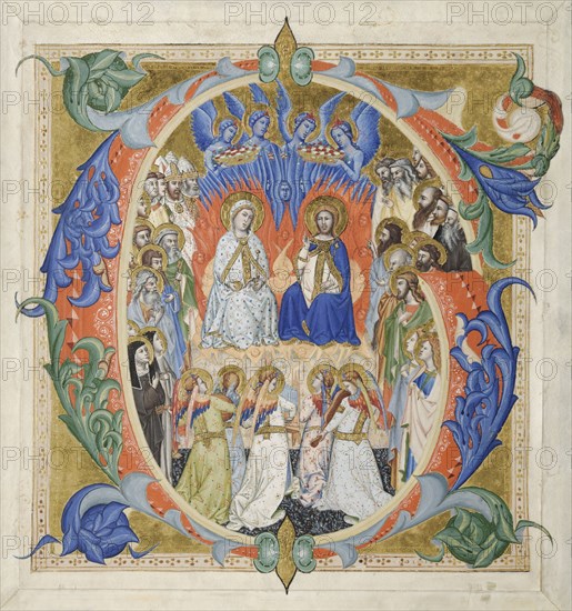 Initial G[audeamus omnes] from a Gradual: The Court of Heaven, 1371-77. Don Silvestro dei Gherarducci (Italian, 1339-1399). Ink, tempera, and gold on vellum; sheet: 38.6 x 36.5 cm (15 3/16 x 14 3/8 in.); framed: 68.9 x 53 cm (27 1/8 x 20 7/8 in.); matted: 63.5 x 47.6 cm (25 x 18 3/4 in.).