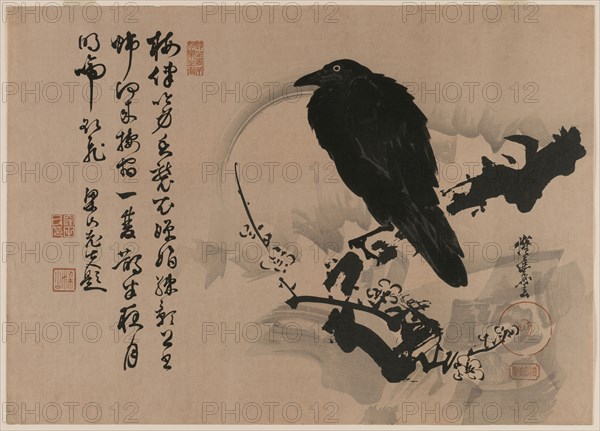 Full Moon with Crow on Plum Branch, 1880s. Kawanabe Kyosai (Japanese, 1831-1889). Color woodblock print; overall: 37.5 x 52.1 cm (14 3/4 x 20 1/2 in.).