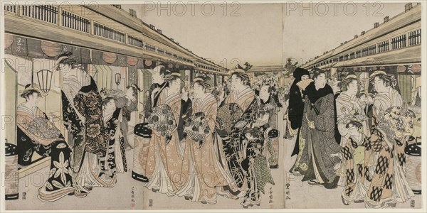 Courtesans Promenading on the Nakanocho, c. 1790. Utagawa Toyokuni (Japanese, 1769-1825). Triptych: color woodblock print; overall: 37.8 x 25.8 cm (14 7/8 x 10 3/16 in.).