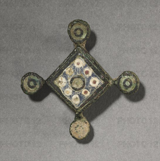 Ornamental Brooch, c. 100-300. Gallo-Roman or Romano-British, Migration period, 2nd-3rd century. Bronze and champlevé enamel; overall: 4.9 x 4.8 x 1.7 cm (1 15/16 x 1 7/8 x 11/16 in.).